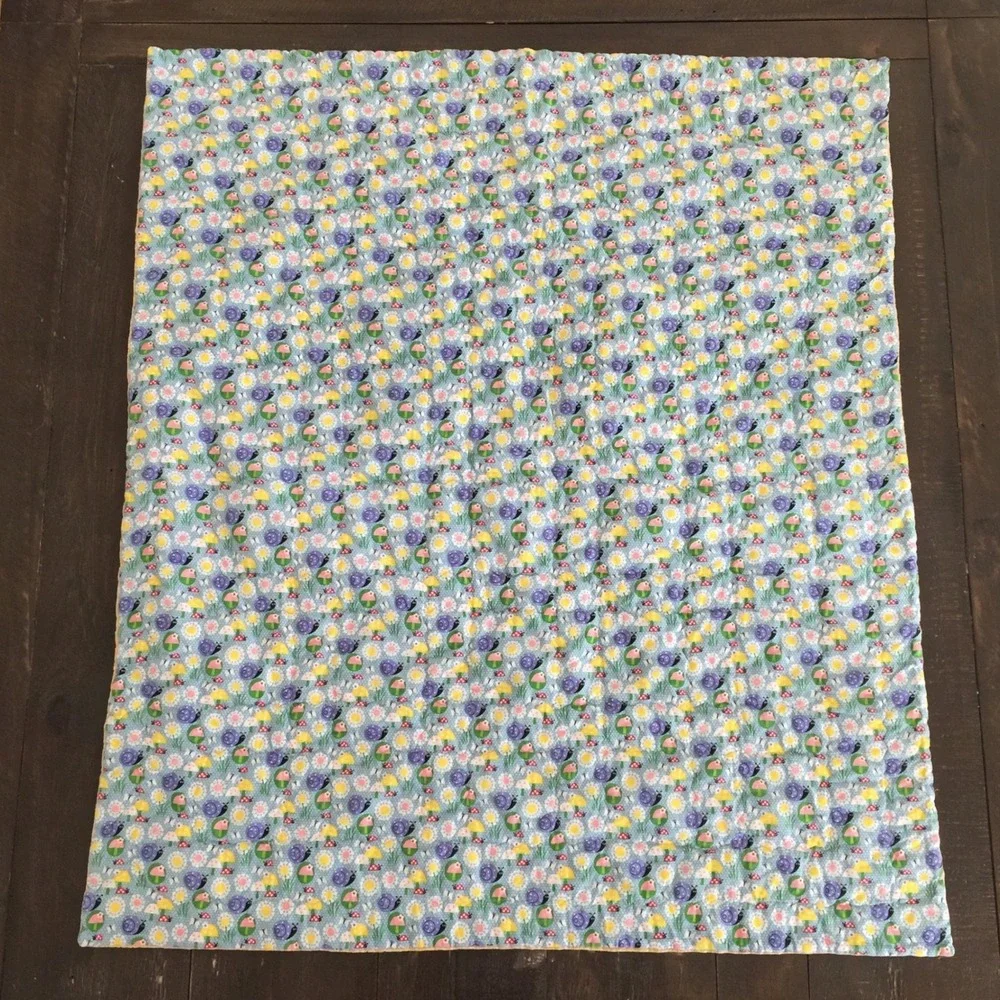 Handmade Patchwork Quilt 35x30 In Yellow Blue‎ Baby Blanket Birds Cotton